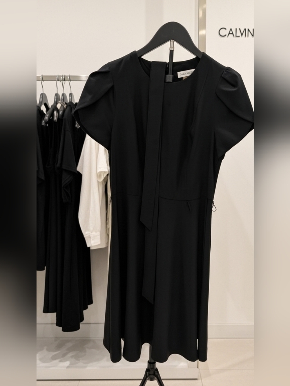 Calvin Klein Black Midi Tie-Neck Puff Sleeve Dress